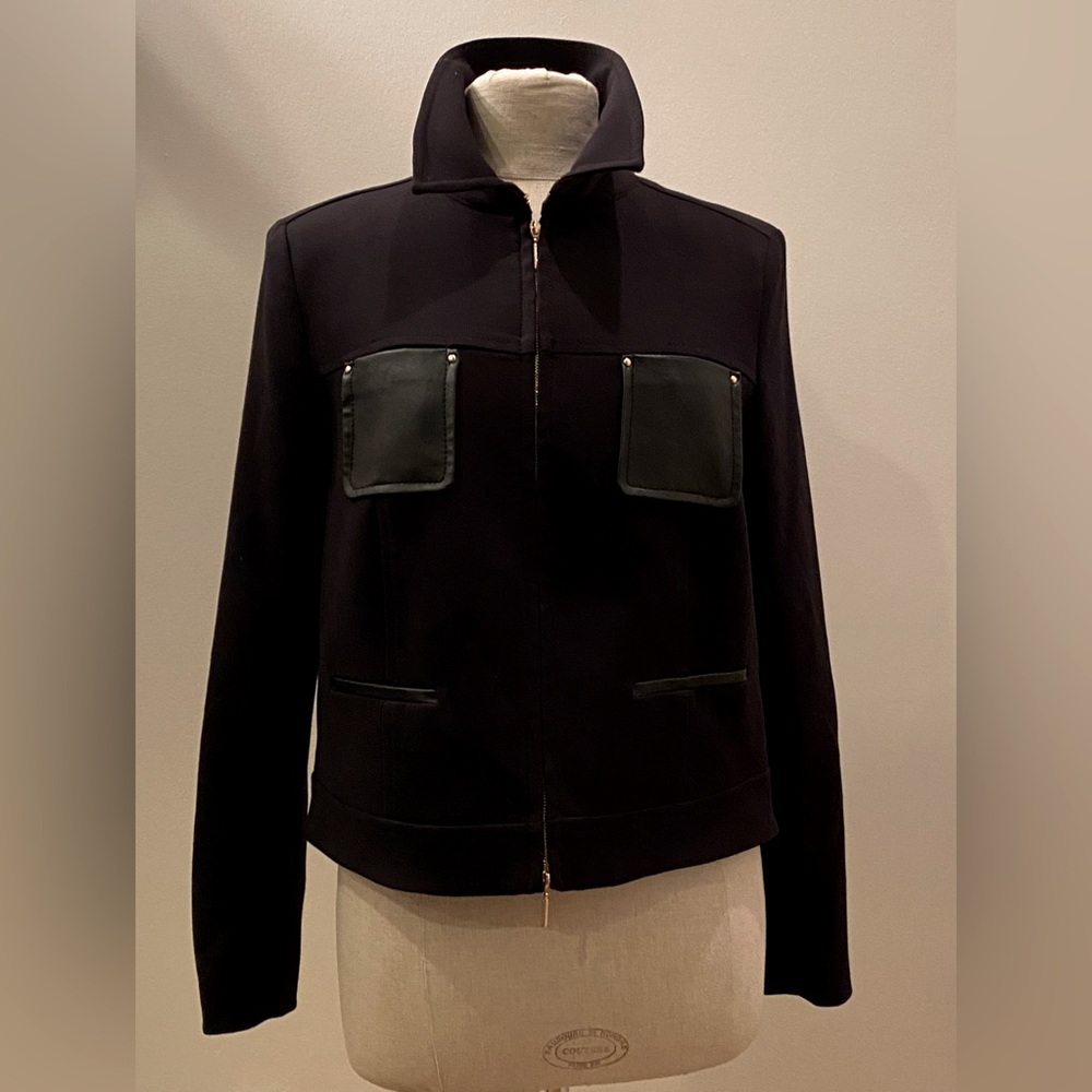 Anne Klein Black Crop Knit Jacket Gold Zipper w Faux Leather Pockets / Size M